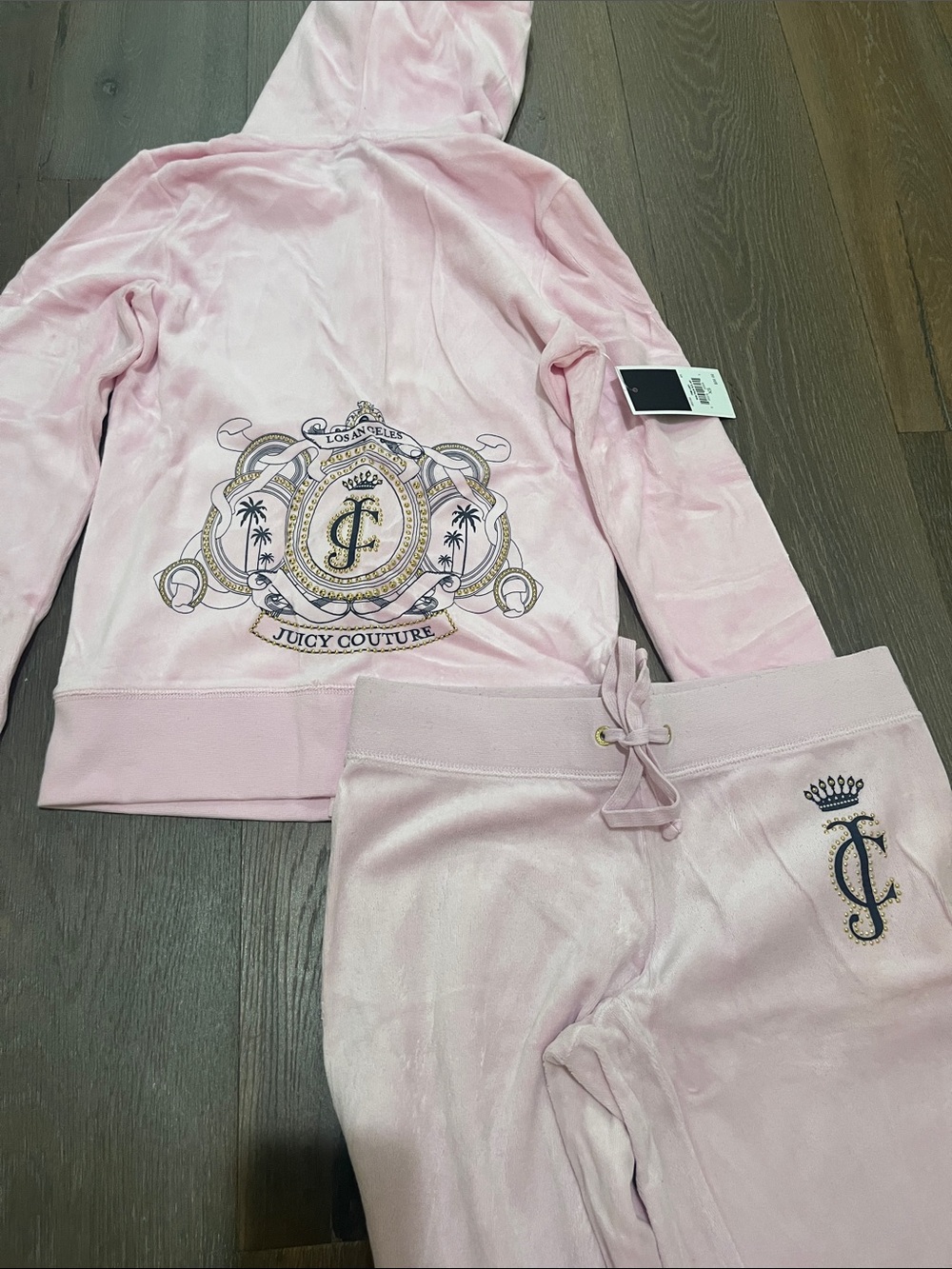 Juicy Couture Light Pink Velour Hoodie & Joggers Set with Embroidered Crest